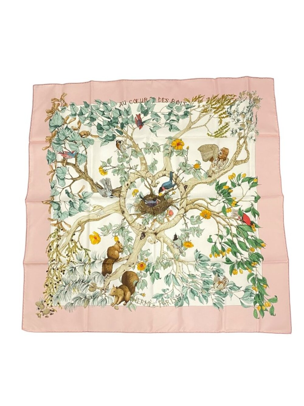 Hermes Scarf Carre 90 AU Coeur Des Bois In The Forest Silk 100% Pink